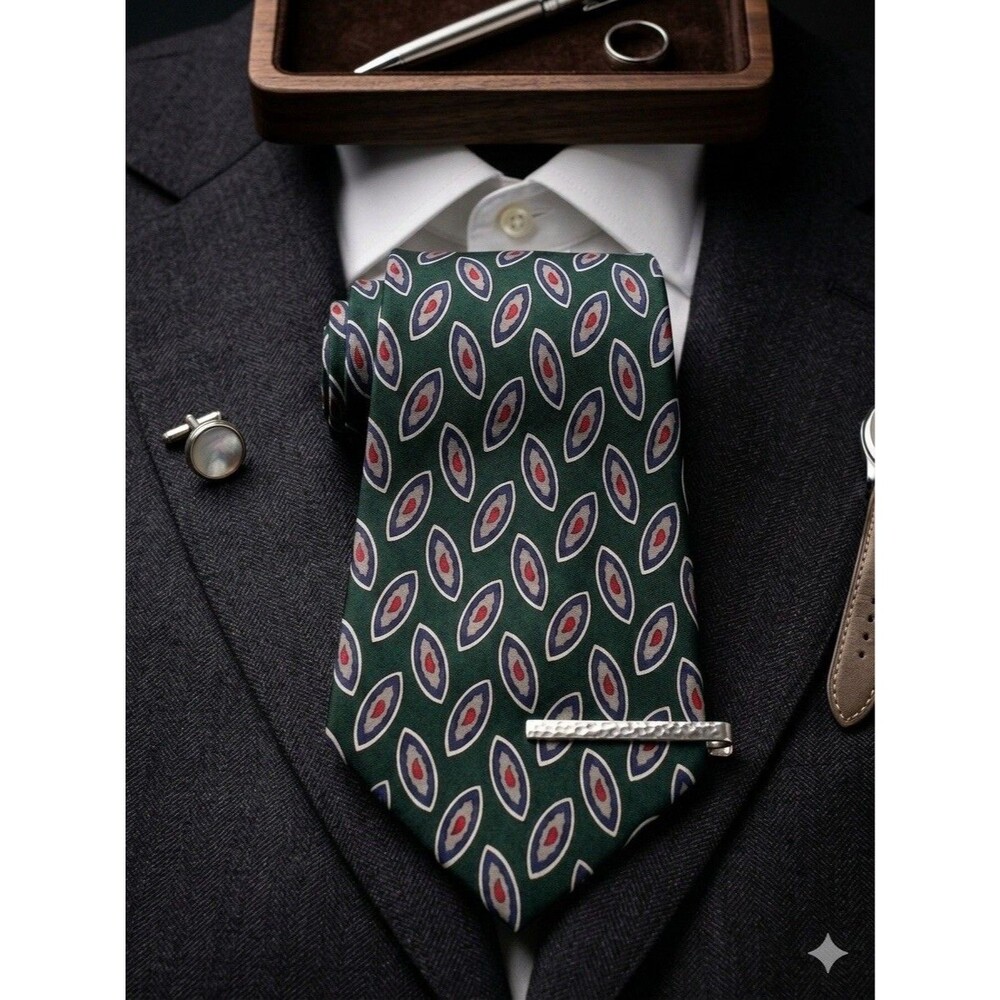 Vintage 80s 90s Barrington Mens 100% Silk Tie Green Blue Geometric Foulard 56”